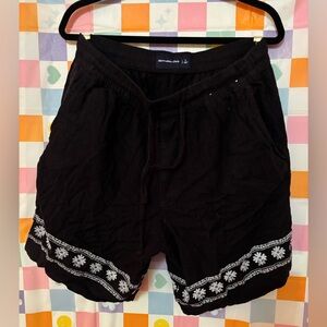 Black Shorts with White Floral Trim Linen Pants